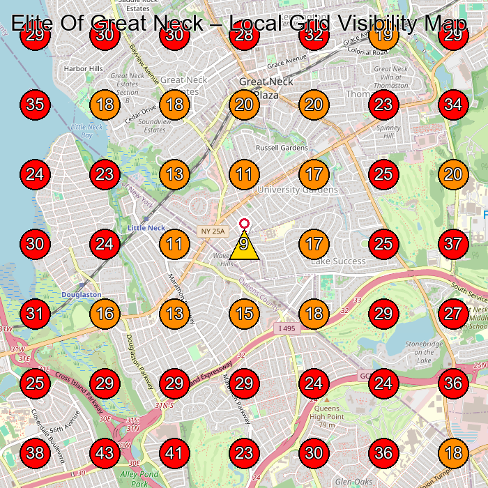Elite Of Great Neck GeoGrid visibility map for Used Car Dealer in Great Neck
